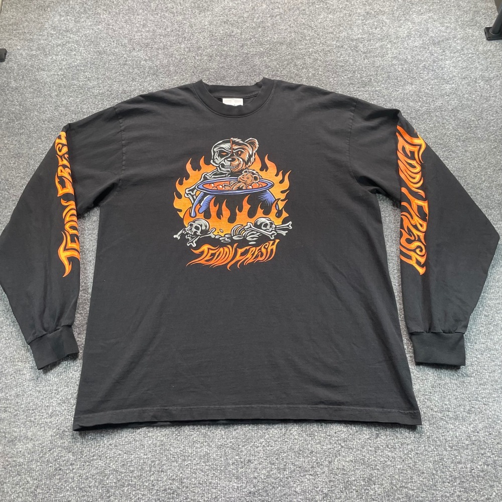 Teddy Fresh Long Sleeve Shirt Mens L Black Skeleton Bear Flame Graphic Tee